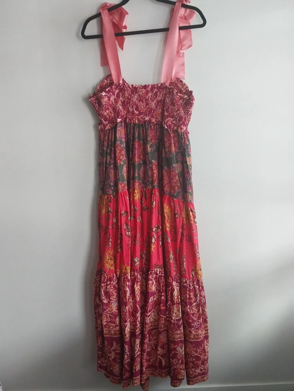 Free People Bluebell Magenta Floral Ribbon Tie Smocked Tiered Boho Maxi Dress